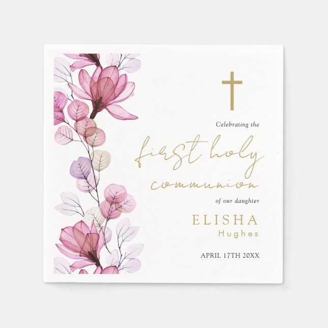 Elegant Pink Floral First Holy Communion Napkin (Front)