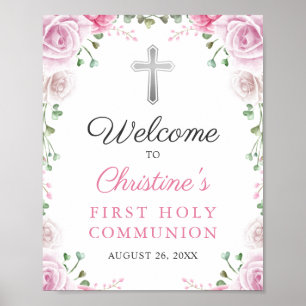 Elegant Pink Floral First Holy Communion Welcome Poster
