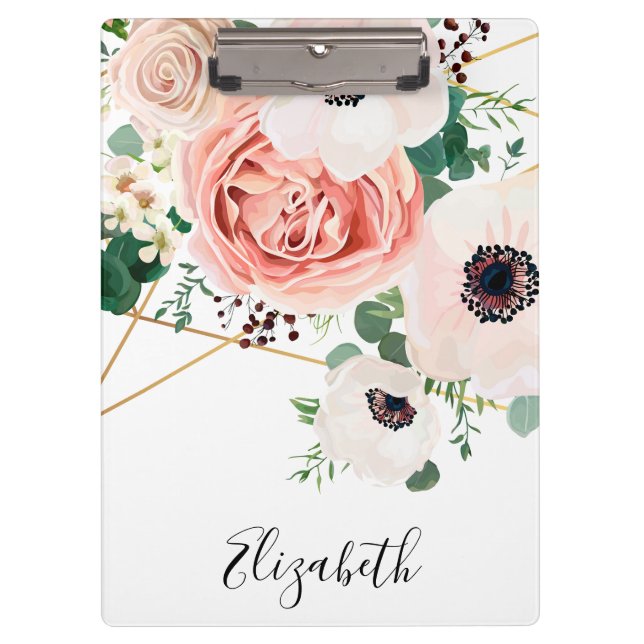 Elegant Pink Floral Flowers Watercolor Personalize Clipboard (Front)