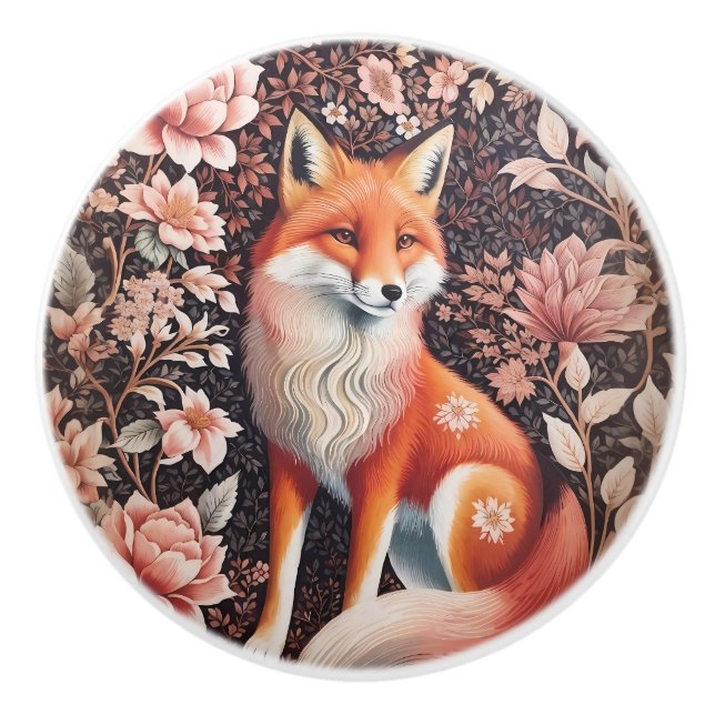 Elegant Pink Floral Fox William Morris Inspired Ceramic Knob (Front)