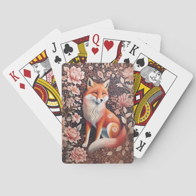 Elegant Pink Floral Fox William Morris Inspired Playing Cards (Back)