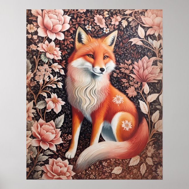 Elegant Pink Floral Fox William Morris Inspired Poster (Front)