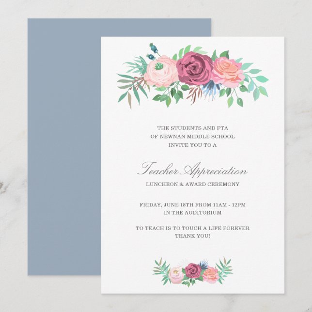 Elegant Pink Floral Garland Teachers Day Invitation (Front/Back)