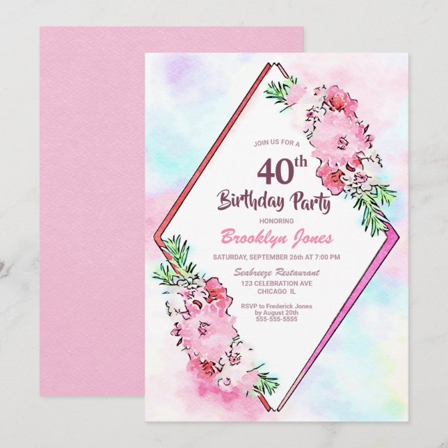 Elegant Pink Floral Geometric 40th Birthday Invitation (Front/Back)