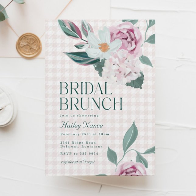 Elegant Pink Floral Gingham Bridal Shower Brunch Invitation (Creator Uploaded)