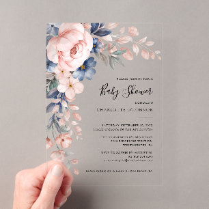 Elegant Pink Floral Girl Baby Shower Acrylic Invitations