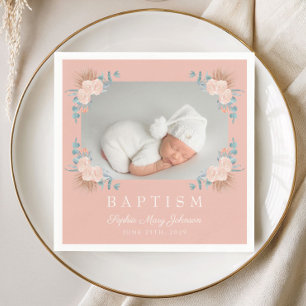 Elegant Pink Floral Girl Baptism Photo Napkin