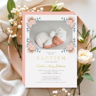 Elegant Pink Floral Girl Photo Baptism Gold