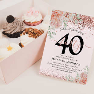 Elegant Pink Floral & Glitter 40th Birthday Party  Invitation
