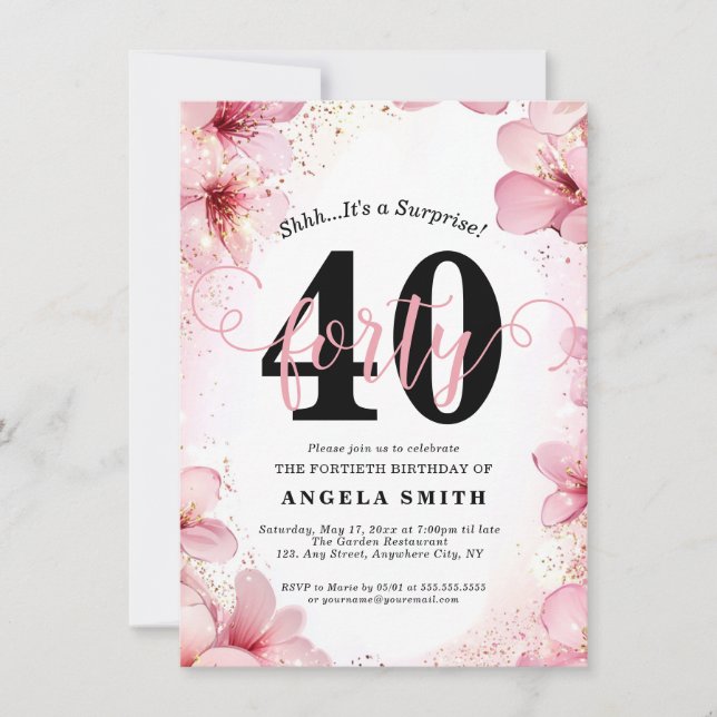 Elegant Pink Floral & Glitter 40th Birthday Party Invitation (Front)