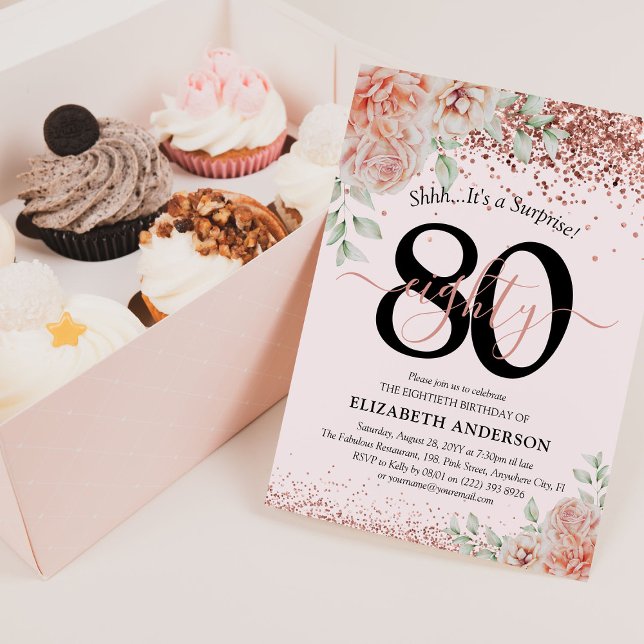 Elegant Pink Floral & Glitter 80th Birthday Party Invitation (Creator Uploaded)