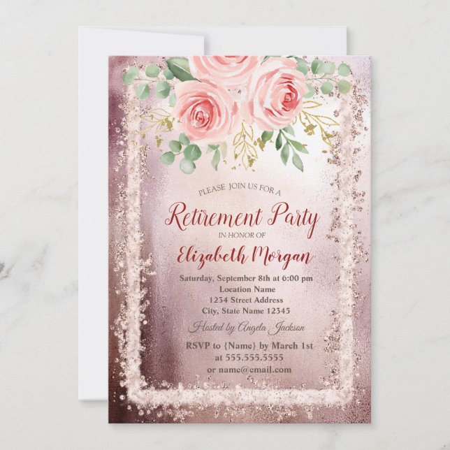 Elegant Pink Floral Glitter Frame Retirement Invitation (Front)