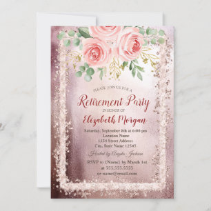 Elegant Pink Floral Glitter Frame Retirement Invitation