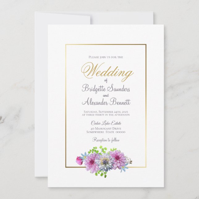 Elegant Pink Floral Gold Border Wedding Invitation (Front)