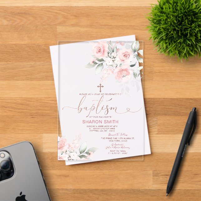 Elegant Pink Floral Gold Cross Christening Baptism Acrylic Invitations (Insitu (Invitation Card))