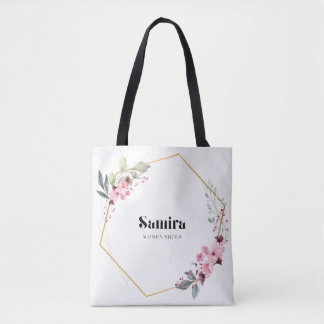 Elegant Pink Floral Gold Frame Tote Bag
