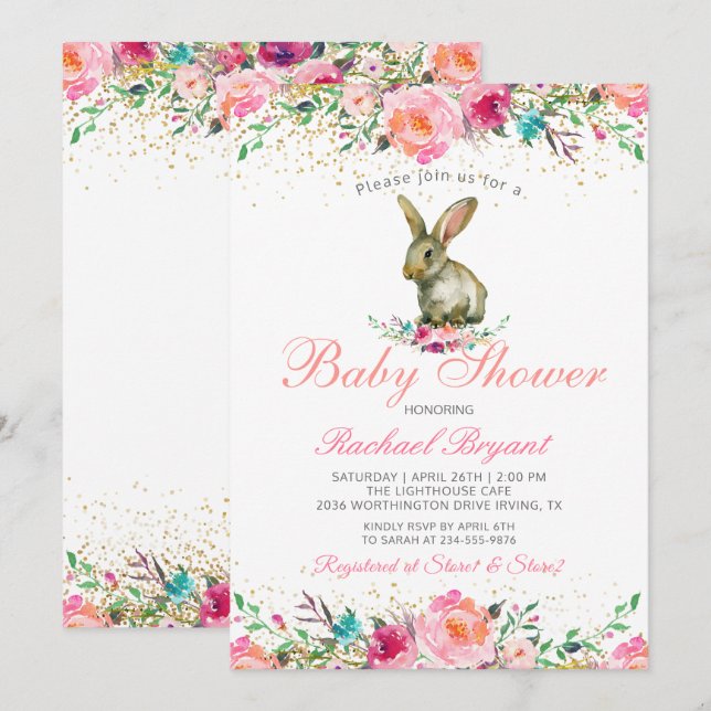 Elegant Pink Floral Gold Glitter Bunny Baby Shower Invitation (Front/Back)
