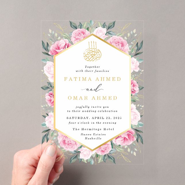 Elegant Pink Floral Gold Leaves Muslim Wedding Acrylic Invitations (Insitu (Handheld))