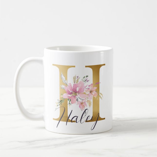 Elegant Pink Floral Gold Letter Monogram H Coffee Mug (Left)
