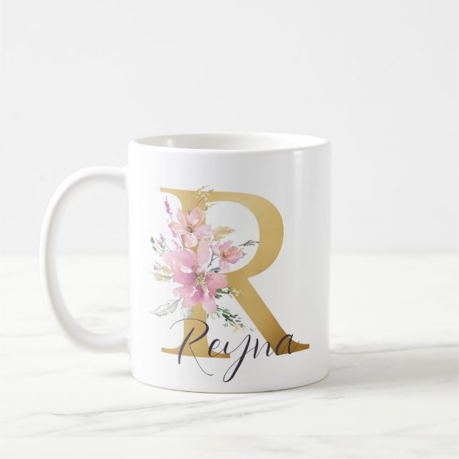 Elegant Pink Floral Gold Letter Monogram R Coffee Mug (Left)
