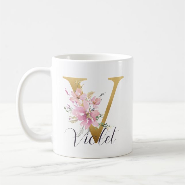 Elegant Pink Floral Gold Letter Monogram V Coffee Mug (Left)