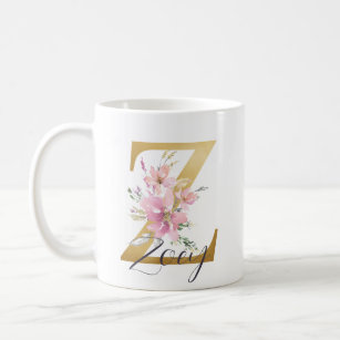 Elegant Pink Floral Gold Letter Monogram Z Coffee Mug