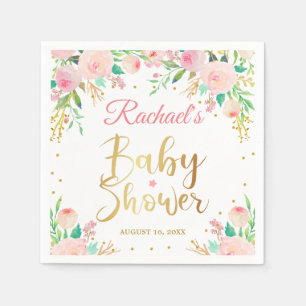 Elegant Pink Floral Gold Script Baby Shower Paper Napkin