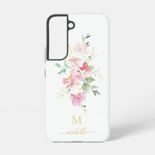 Elegant Pink Floral Gold Script Monogram Samsung Galaxy Case