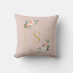Elegant Pink Floral Gold Script Monogrammed Throw Pillow
