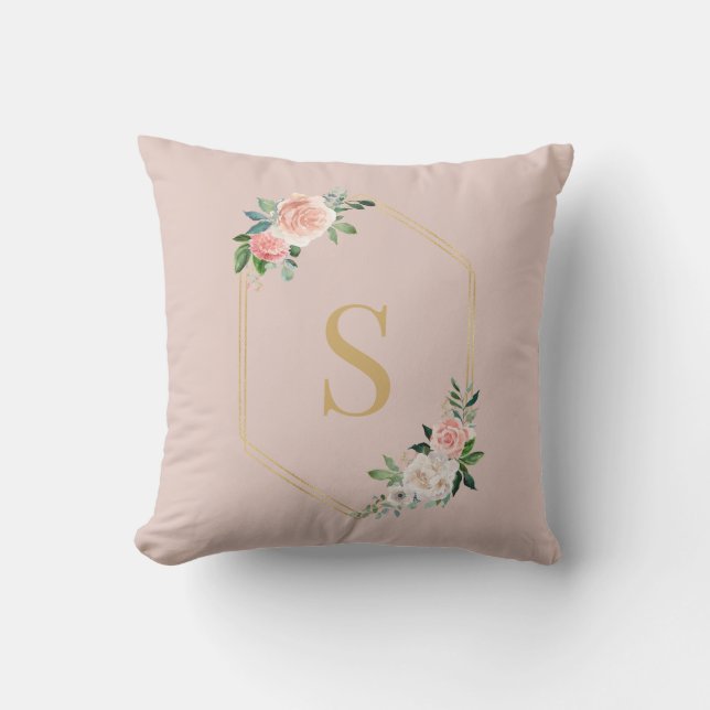 Elegant Pink Floral Gold Script Monogrammed Throw Pillow (Front)