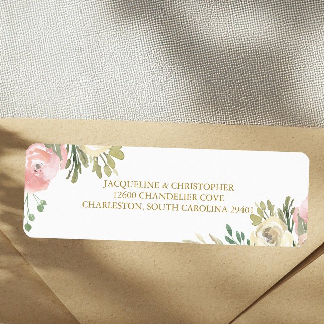 Elegant Pink Floral Gold Wedding Return Address (Creator Uploaded)