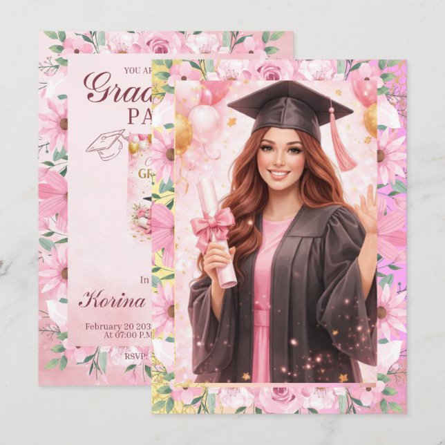 Elegant Pink Floral Graduation Party Invitation (Front/Back)