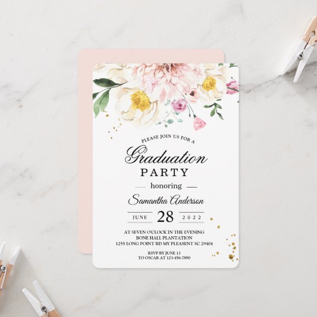 Elegant Pink Floral Graduation Party  Invitation (Front/Back In Situ)