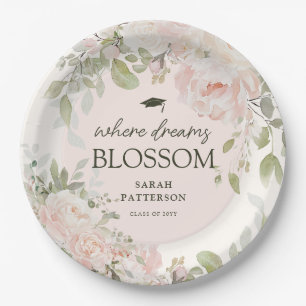 Elegant Pink Floral Graduation Party Paper Plate