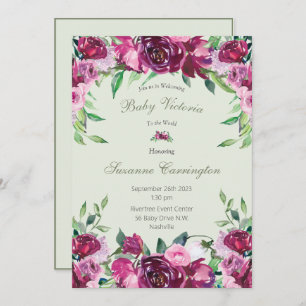 Elegant Pink Floral Green Girl Script Baby Invitation