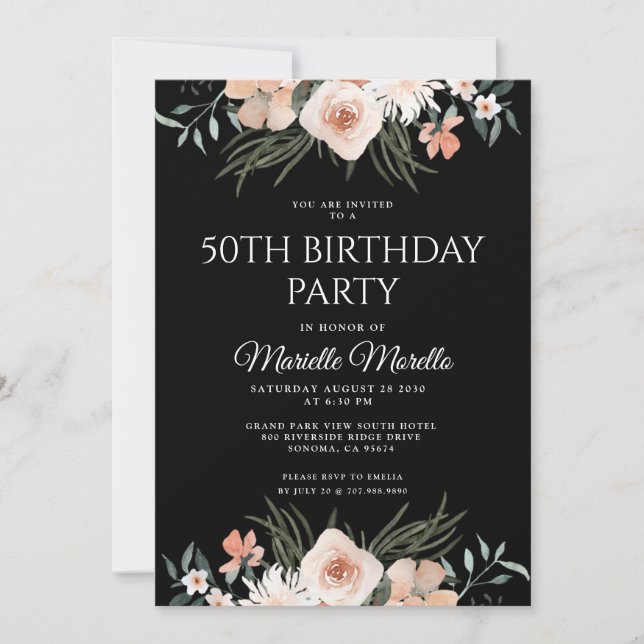 Elegant Pink Floral Greenery 50th Birthday Party I Invitation (Front)