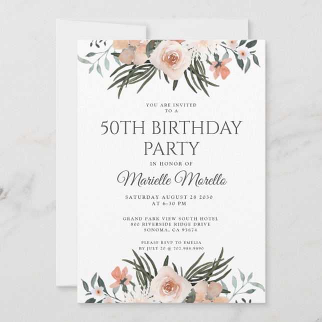 Elegant Pink Floral Greenery 50th Birthday Party Invitation (Front)