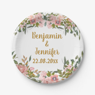 Elegant Pink Floral Greenery and gold Wedding Paper Plate