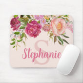 Elegant Pink Floral Greenery Monogram Name Initial Mouse Pad (With Mouse)