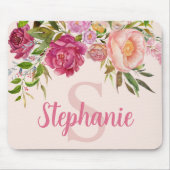 Elegant Pink Floral Greenery Monogram Name Initial Mouse Pad (Front)