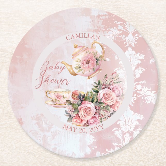 Elegant Pink Floral High Tea Girl Baby Shower Round Paper Coaster (Front)