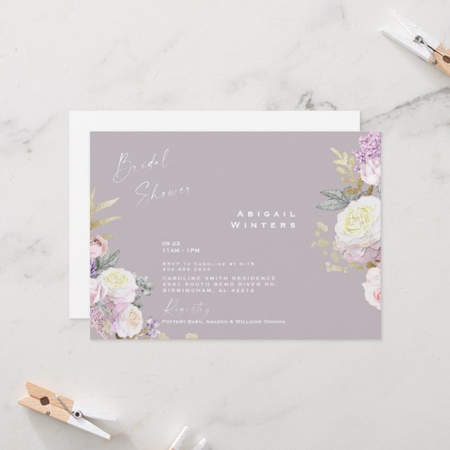 Elegant Pink Floral Lavender Bridal Shower Invitation (Front/Back In Situ)