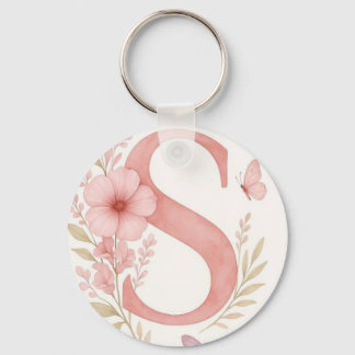 Elegant Pink Floral Letter S Monogram Keychain