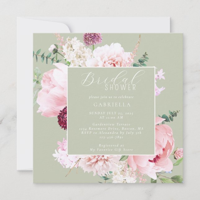 Elegant Pink Floral Light Sage Green Bridal Shower Invitation (Front)