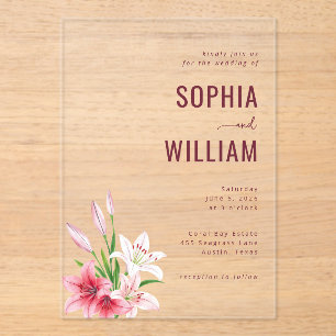 Elegant Pink Floral Lilies Acrylic Invitations