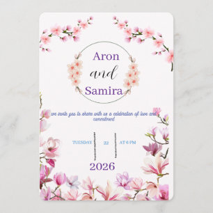 Elegant Pink Floral Magnolia Wedding Invitation Te