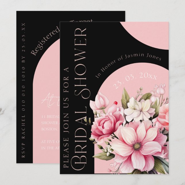 Elegant Pink Floral Modern Bridal Shower Invitation (Front/Back)