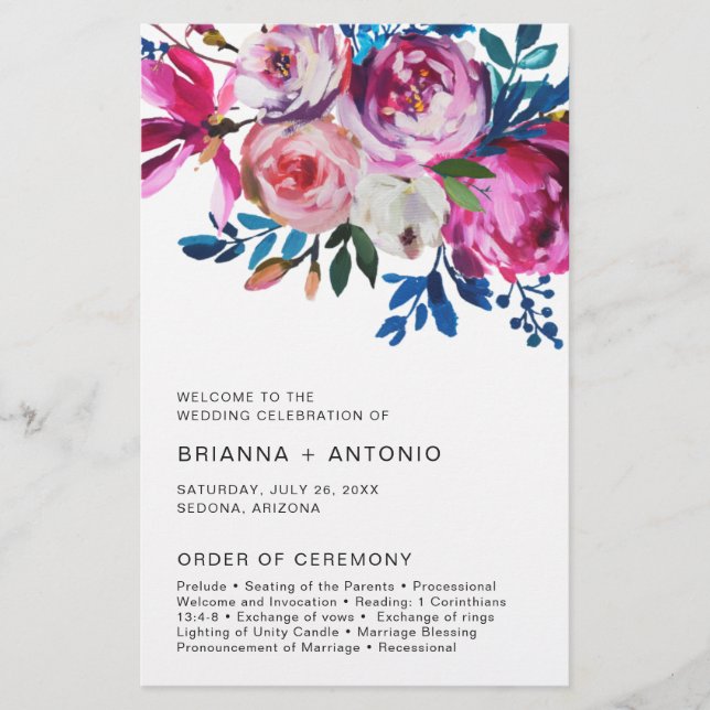 Elegant Pink Floral Modern Budget Wedding Program (Front)