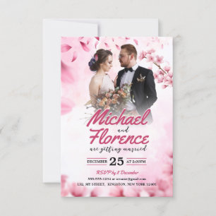 Elegant Pink Floral Modern Weding Photo Invitation