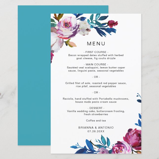 Elégant Pink Floral Moderne Menu Mariage (Devant / Derrière)